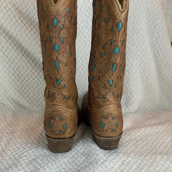 Corral cowgirl boots sz 8 tan and turquoise western country coastal *flaw - Picture 3 of 6